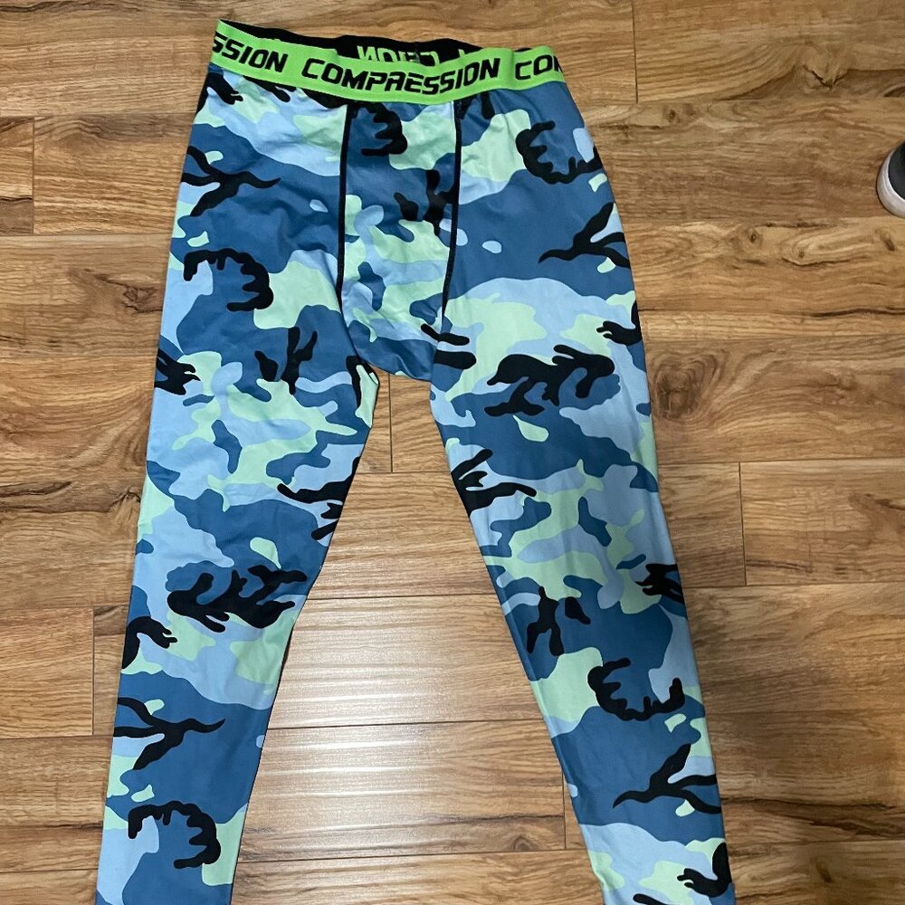 Compression Leggings Tights Green Blue Camo - Size 2XL